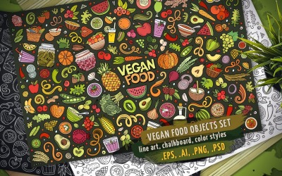 Ensemble d&amp;#39;objets et d&amp;#39;éléments alimentaires végétaliens - Image vectorielle