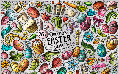 Happy Easter Cartoon Objects Set - Vector Image