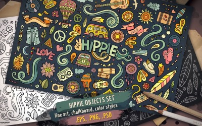 Hippie Objects &amp; Elements Set - Vector Image