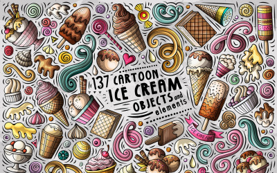 Ice Cream Cartoon Doodle Objects Set - Vector Image