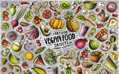 Insieme di oggetti di Doodle del fumetto di cibo vegano - immagine vettoriale
