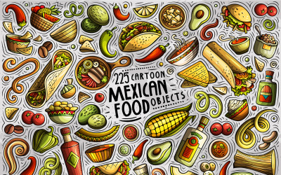 墨西哥食物卡通涂鸦对象设置-矢量图像