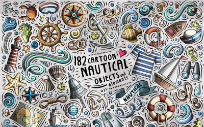 Nautical Cartoon Doodle Objects Set - Vector Image