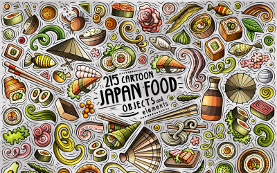 日本食品卡通涂鸦对象设置-矢量图像