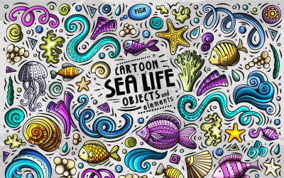 Sea Life Cartoon Doodle Obiekty Zestaw - Grafika wektorowa