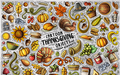 Thanksgiving Cartoon Doodle Objects Set - Vector Image