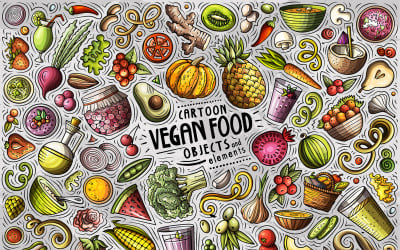 Vegan Food Cartoon Doodle Objects Set - Vector Image