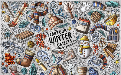 Winter Season Cartoon Doodle Objects Set - Vector Image