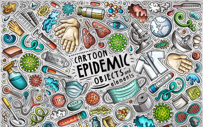 Conjunto de objetos de doodle epidêmico de desenho animado - imagem vetorial