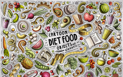 Dieta Cibo Cartoon Doodle Oggetti Set - Immagine Vettoriale