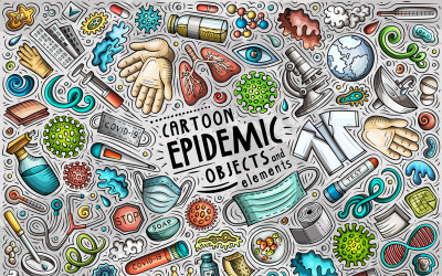 Epidemie Cartoon Doodle Objecten Set - Vector Afbeelding