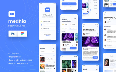 Medhia - Blog News iOS App Figma & PSD Template UI Elements #110373