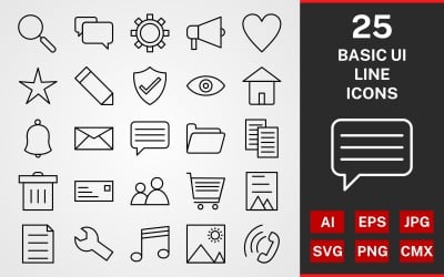 25 Conjunto de iconos de PAQUETE DE LÍNEA DE UI BÁSICO
