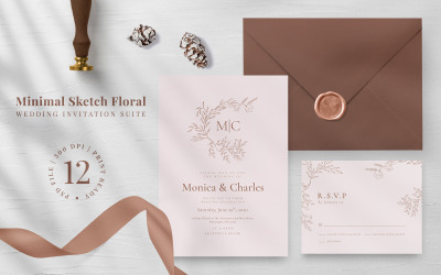 Suite de invitación de boda floral de bosquejo mínimo - Plantilla de identidad corporativa