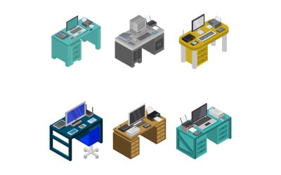 Isometric Office Desk Set - Vector Image