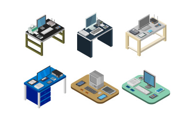 Set Of Isometric Office Desk On White Background - Vector Image