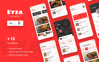 Pizza Yemek Siparişi iOS Uygulama Tasarım Şablonu Figma ve PSD UI Öğeleri