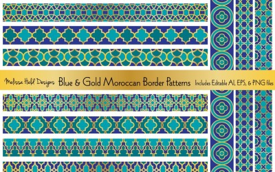 Patrón de borde vectorial marroquí azul y dorado