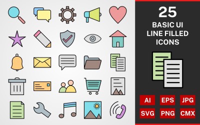 25 Basic UI LINE FILLED PACK Icon Set