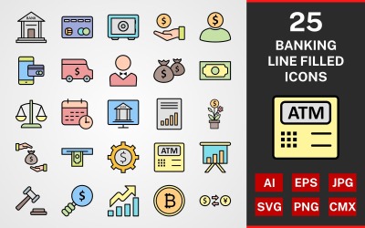Conjunto de iconos de PAQUETE lleno de LÍNEA de banca 25
