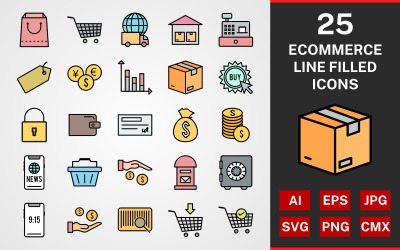 25 E-commerce LINE GEVULDE PACK Icon Set