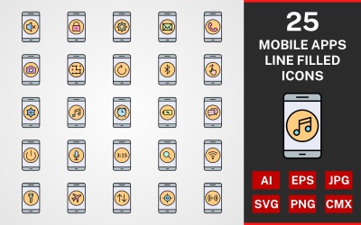 25 Mobile Apps LINE FILLED PACK Icon Set