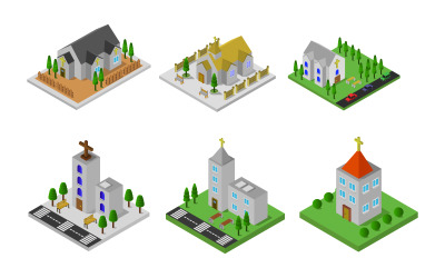 Set Of Isometric Churches On Background - Vector Image