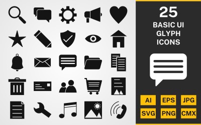 25 Basic UI GLYPH PACK Ikonuppsättning