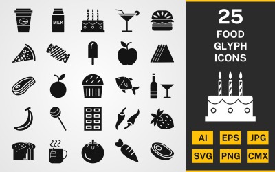 Conjunto de ícones de 25 alimentos GLYPH PACK
