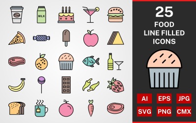 Conjunto de ícones de 25 Food LINE FILLED PACK