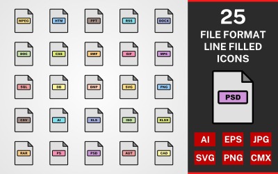 Ensemble d&amp;#39;icônes de 25 formats de fichier LINE FILLED PACK