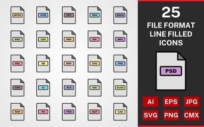 25 formati di file PACCHETTO RIEMPITO DI LINEA Icon Set