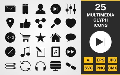 25 Multimedia GLYPH PACK Icon Set