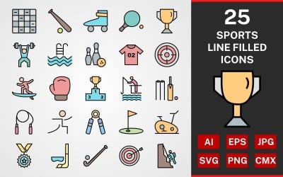 25 Sport e giochi Set di icone PACCHETTO RIEMPITO LINEA