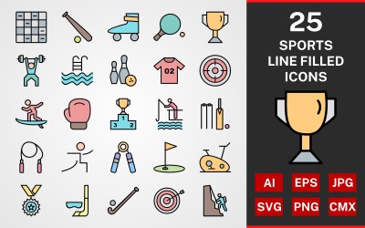 25 Sport- och spel FYLLD FÖRPACKNING Ikonuppsättning