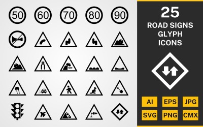 Ensemble d&amp;#39;icônes de 25 panneaux routiers GLYPH PACK