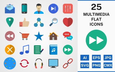 25 MULTIMEDIA FLAT PACK Ikonuppsättning