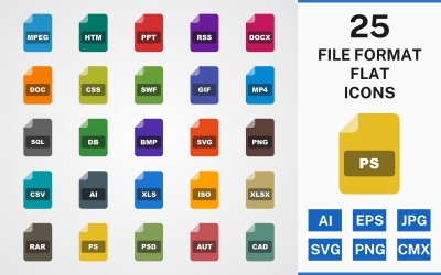 Набор иконок для плоского пакета из 25 форматов файлов