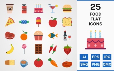 25 zestaw ikon płaski pakiet żywności