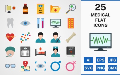 25 Medicinsk FLAT PACK Ikonuppsättning