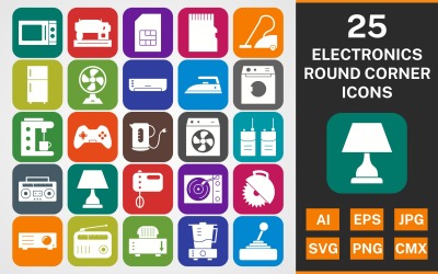 25 DISPOSITIVOS ELECTRÓNICOS PAQUETE DE GLIFOS DE ESQUINA REDONDA Conjunto de iconos