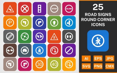 Ensemble d&amp;#39;icônes GLYPH PACK 25 ROAD SIGNS ROUND CORNER