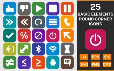 25 GRUNDELEMENTE RUNDE ECKE GLYPH PACK Icon Set