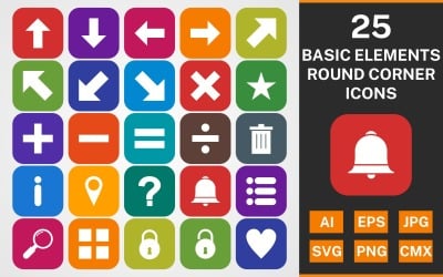 25 BASIC ELEMENTS ROUND CORNER GLYPH PACK Icon Set