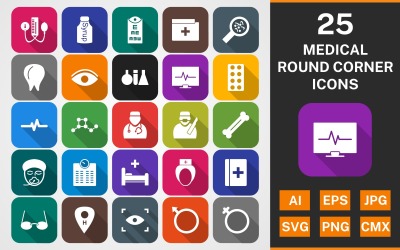 25 MEDICAL Round Corner Shadowed PACK Icon Set