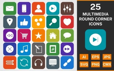 25 Multimedia Round Corner Glyph Pack Icon Set