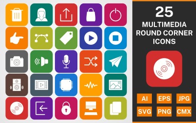 25 MULTIMÍDIA Conjunto de ícones de Glyph PACK de canto redondo