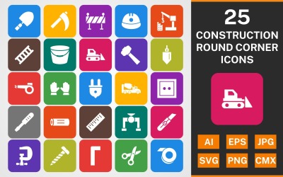 Набор иконок 25 CONSTRUCTION ROUND CORNER GLYPH PACK