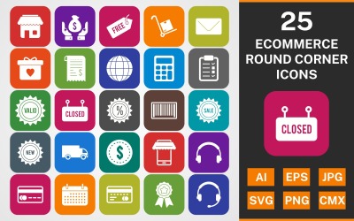 Набор иконок 25 ECOMMERCE ROUND CORNER GLYPH PACK