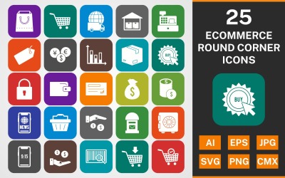 Набор иконок 25 ECOMMERCE ROUND CORNER GLYPH PACK